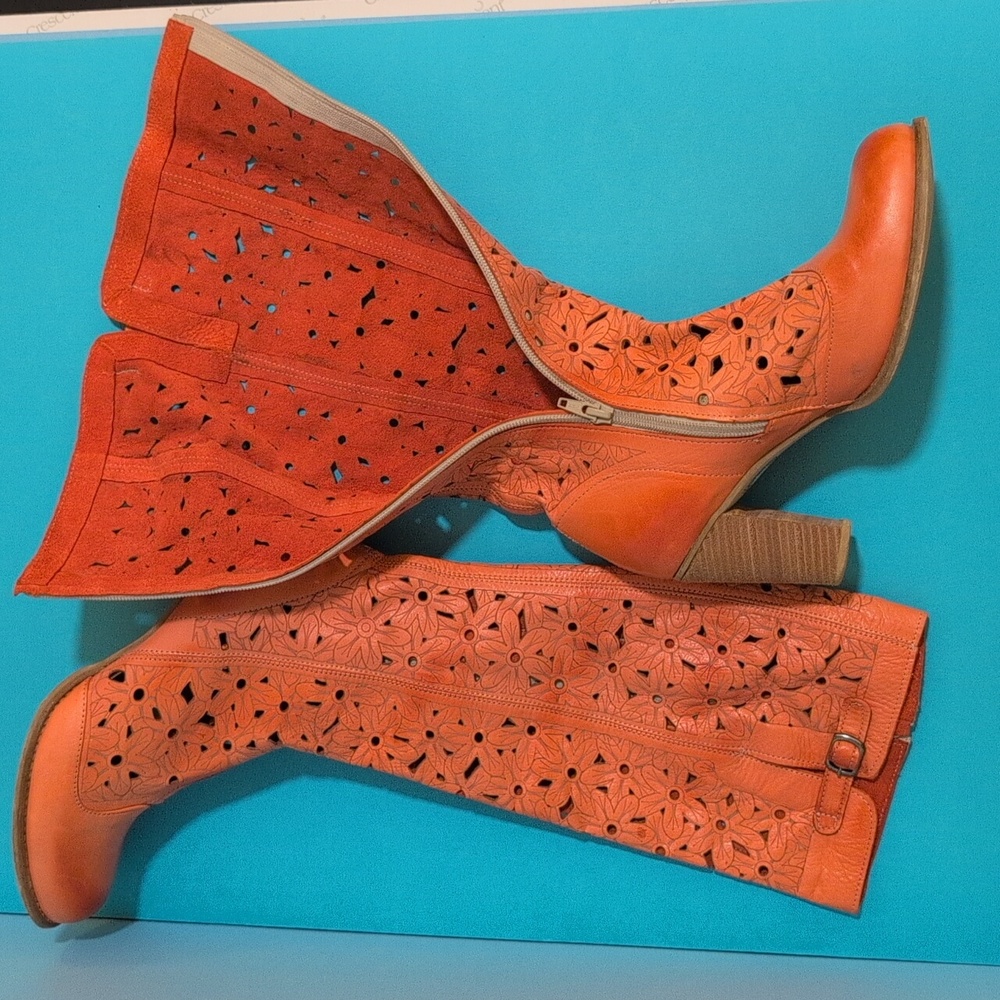 Knee-high Boots, genuine leather, Orange, laser cut, from Montenegro, 40 or 9.5